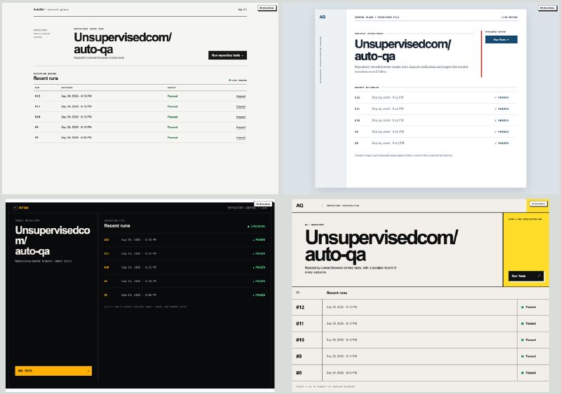 Four initial AutoQA design directions: Run Ledger, Evidence File, Control Room, and Signal Board Directions
